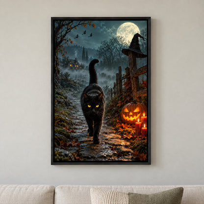 Walking Black Cat Witch Night Halloween — black framed wall scene | AUSJOJO