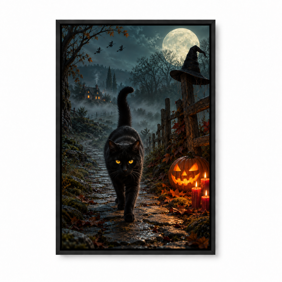 Walking Black Cat Witch Night Halloween — Black Frame finish product view | AUSJOJO