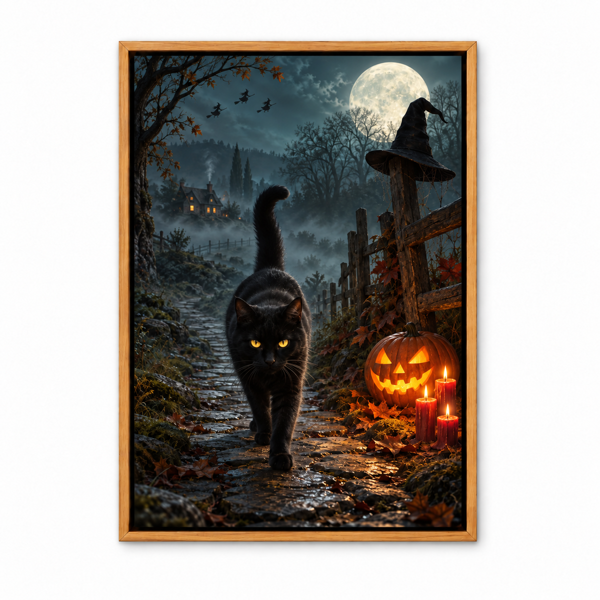 Walking Black Cat Witch Night Halloween — Brown Frame finish product view | AUSJOJO