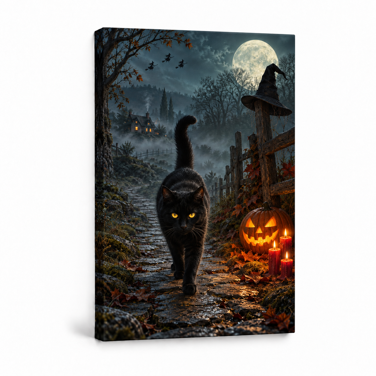 Walking Black Cat Witch Night Halloween — Stretched Canvas product view | AUSJOJO