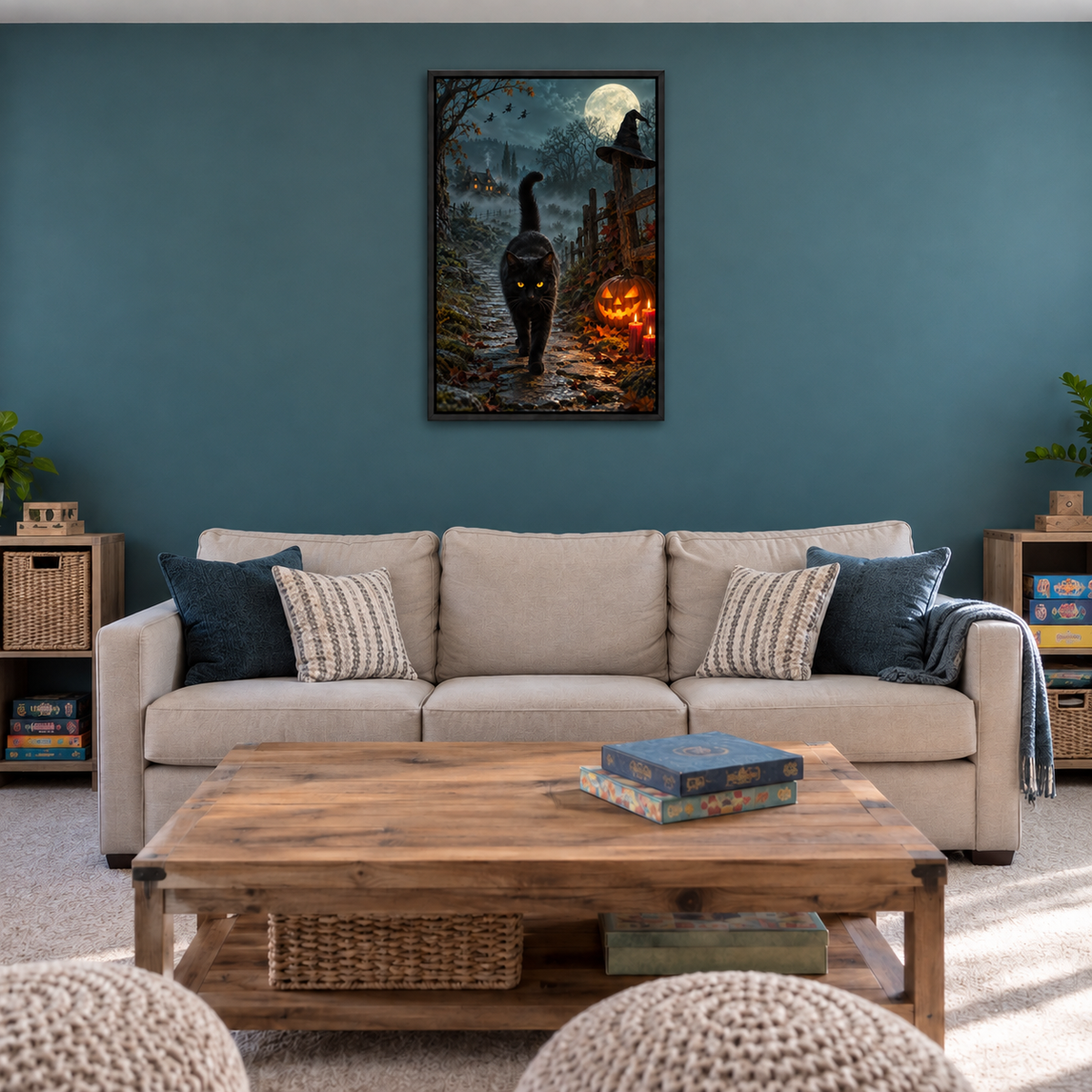 Walking Black Cat Witch Night Halloween — Black Frame room scene | AUSJOJO