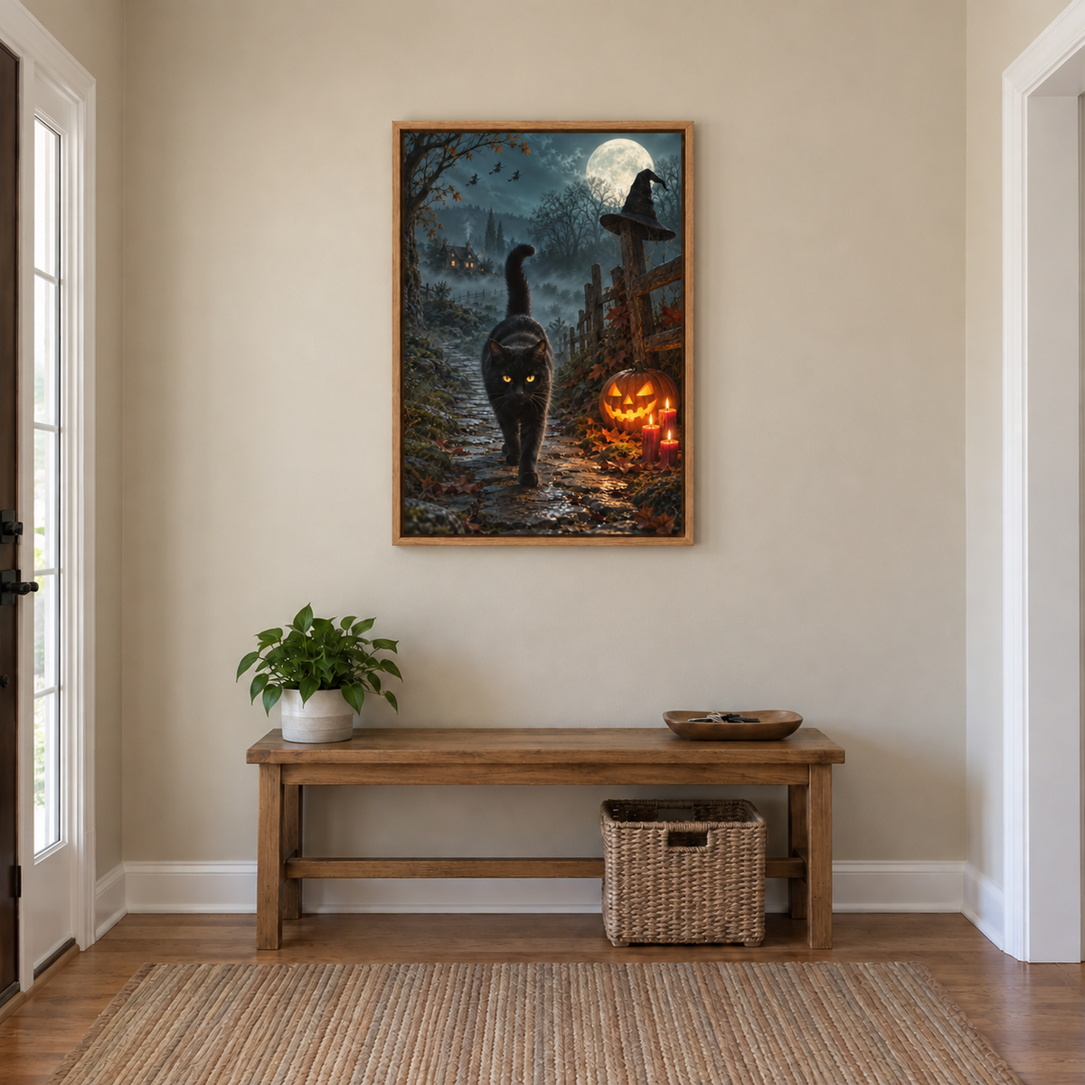 Walking Black Cat Witch Night Halloween — Brown Frame room scene | AUSJOJO