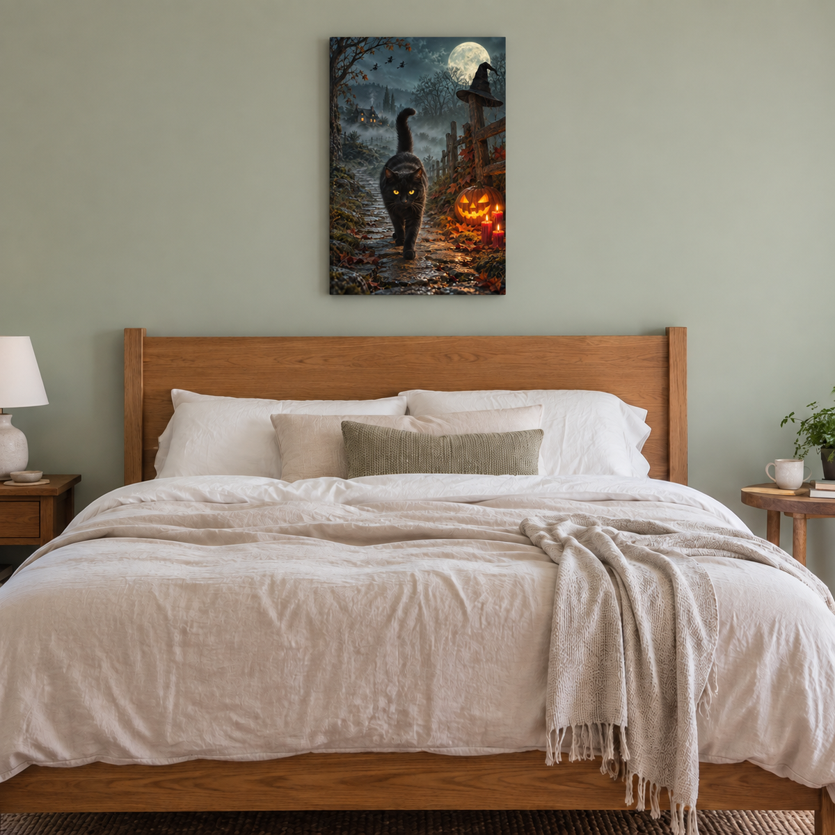 Walking Black Cat Witch Night Halloween — Stretched Canvas room scene | AUSJOJO