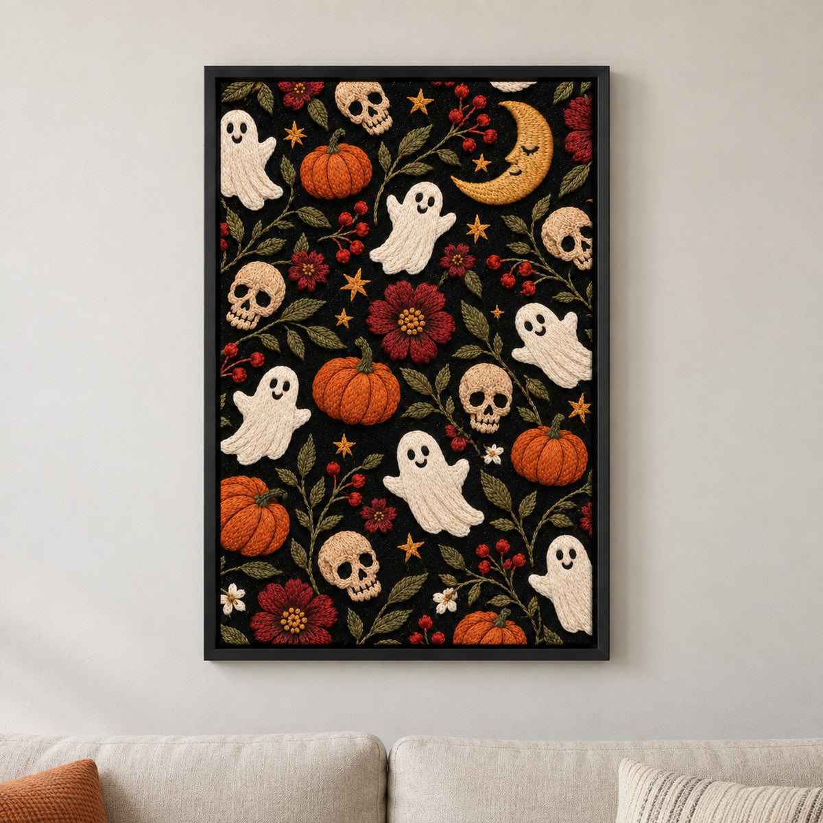 Embroidered Halloween Folk Motifs — black framed wall scene | AUSJOJO