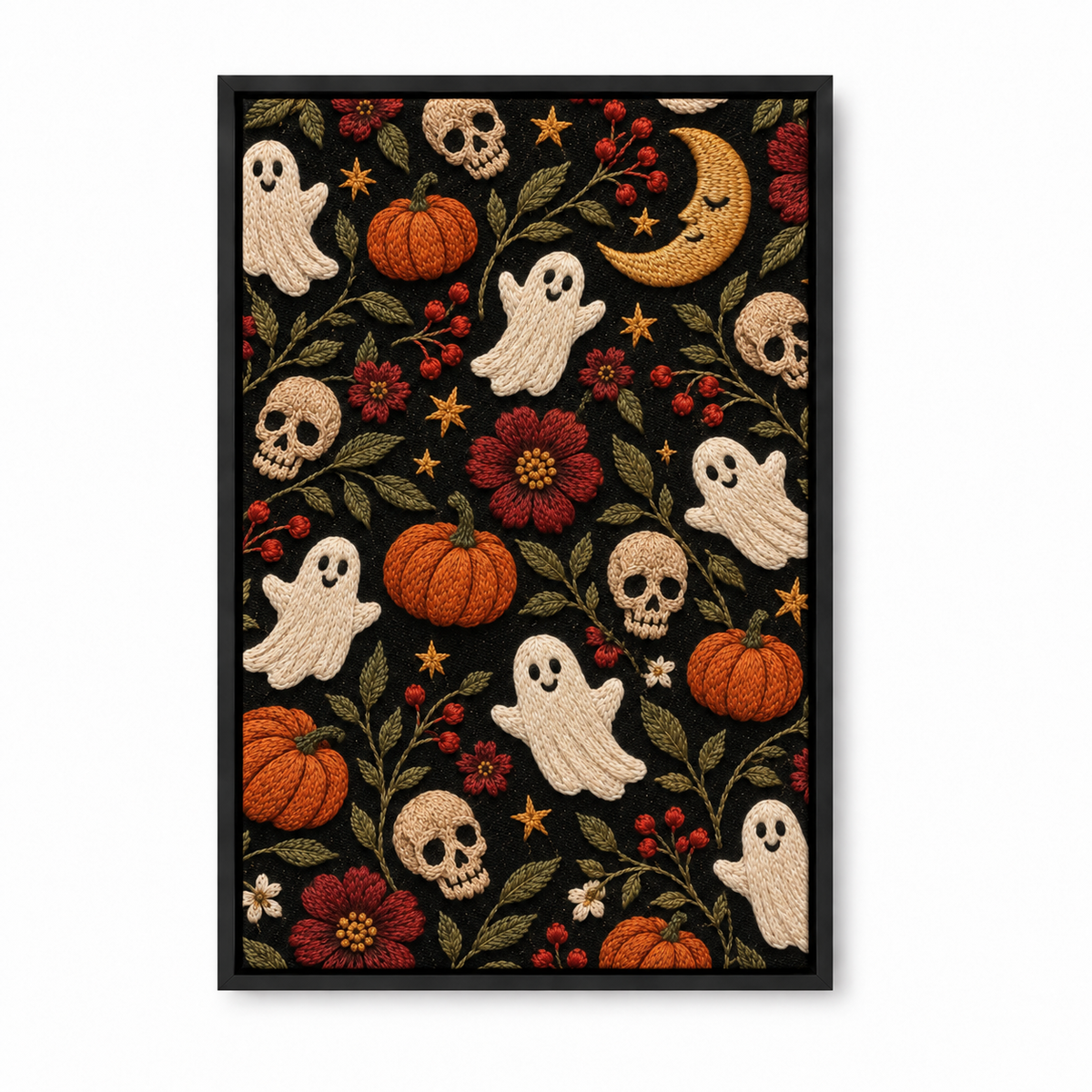 Embroidered Halloween Folk Motifs — Black Frame finish product view | AUSJOJO