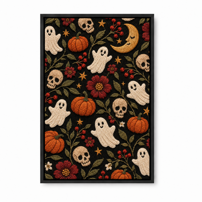 Embroidered Halloween Folk Motifs — Black Frame finish product view | AUSJOJO