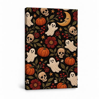 Embroidered Halloween Folk Motifs — Stretched Canvas product view | AUSJOJO