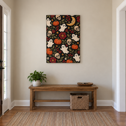 Embroidered Halloween Folk Motifs — Stretched Canvas room scene | AUSJOJO