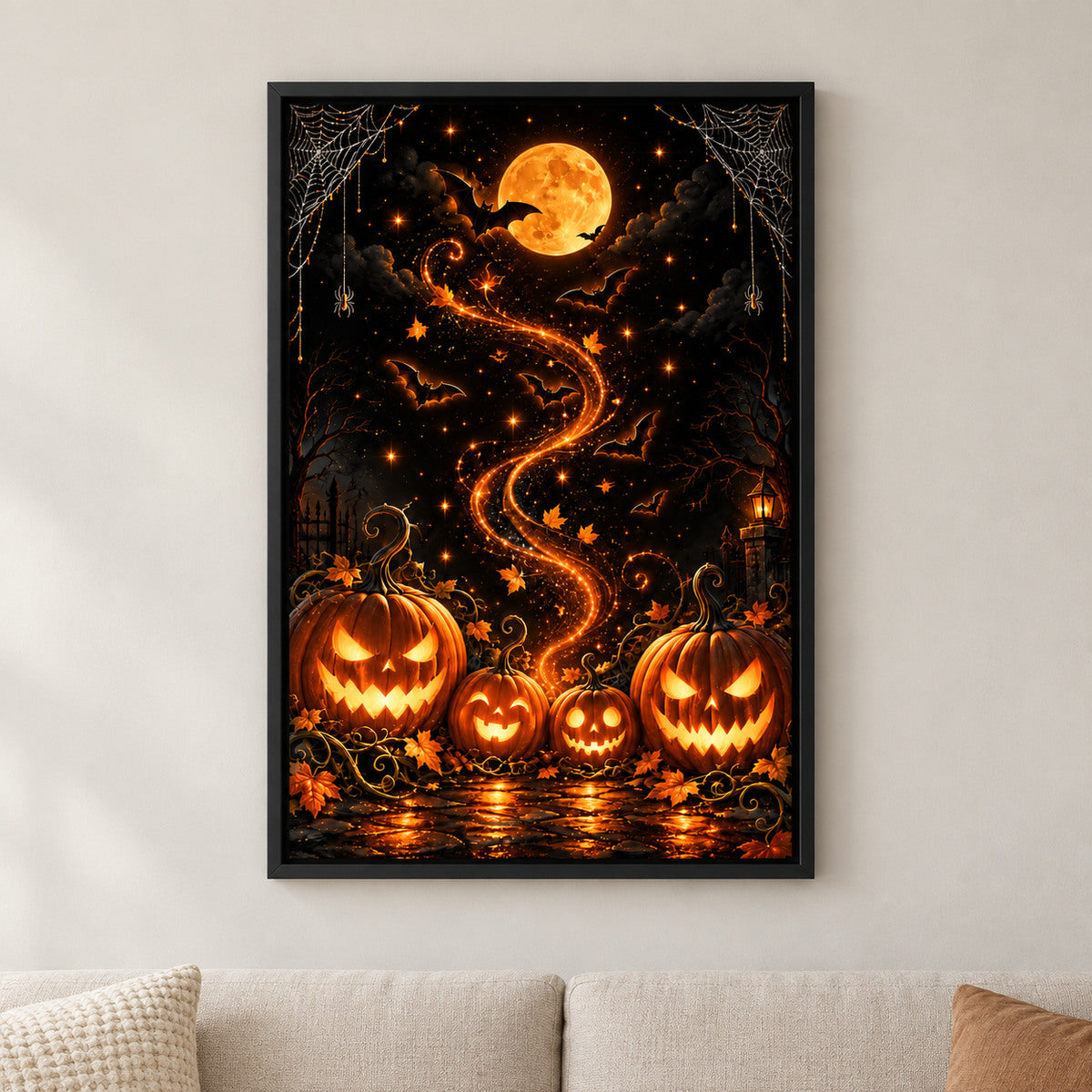 Glowing Pumpkins Halloween Night — black framed wall scene | AUSJOJO