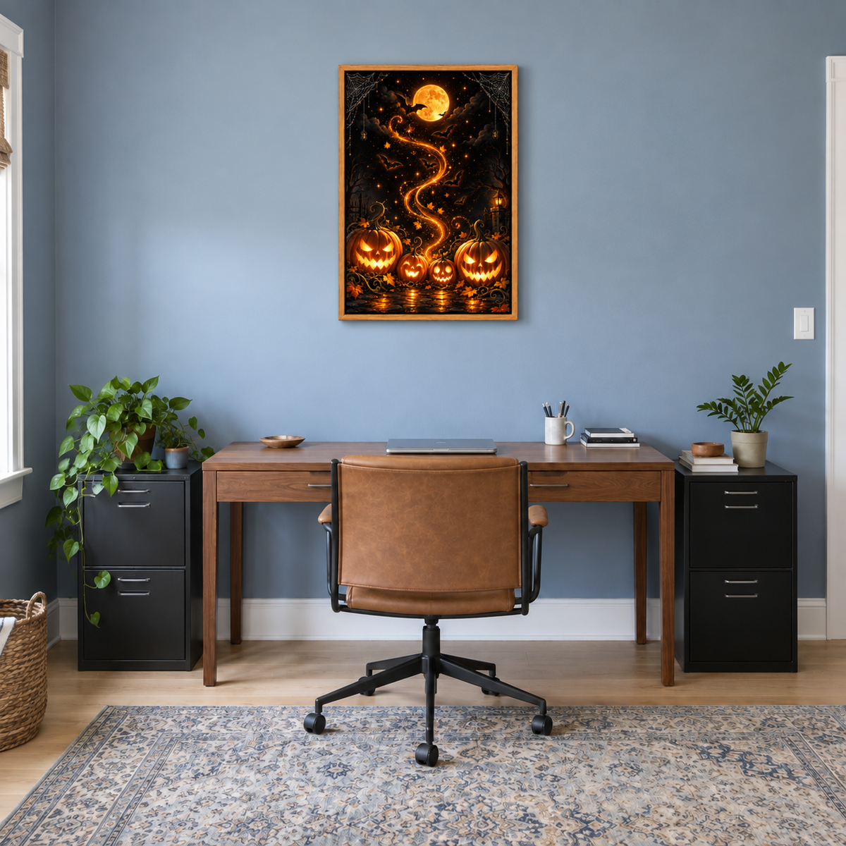Glowing Pumpkins Halloween Night — Brown Frame room scene | AUSJOJO