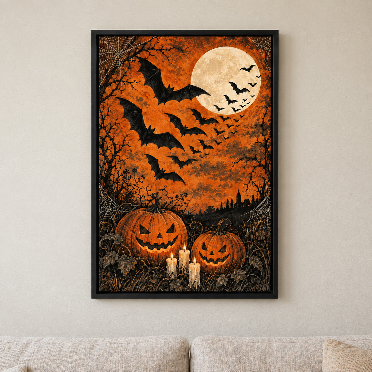 Bats and Orange Moon Halloween — black framed wall scene | AUSJOJO