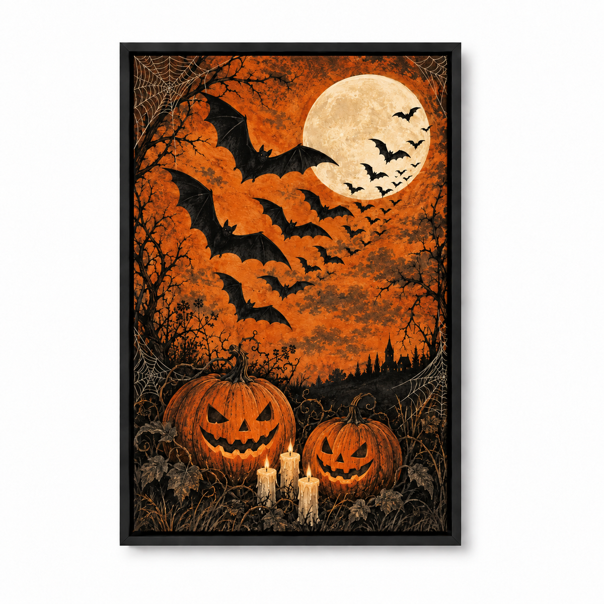 Bats and Orange Moon Halloween — Black Frame finish product view | AUSJOJO