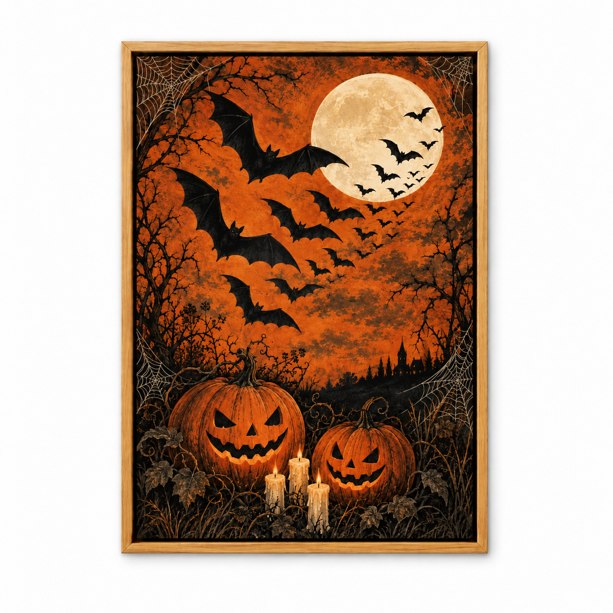 Bats and Orange Moon Halloween — Brown Frame finish product view | AUSJOJO