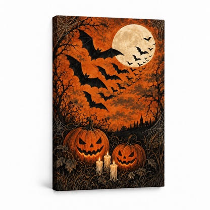Bats and Orange Moon Halloween — Stretched Canvas product view | AUSJOJO