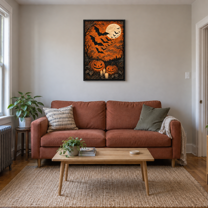 Bats and Orange Moon Halloween — Black Frame room scene | AUSJOJO