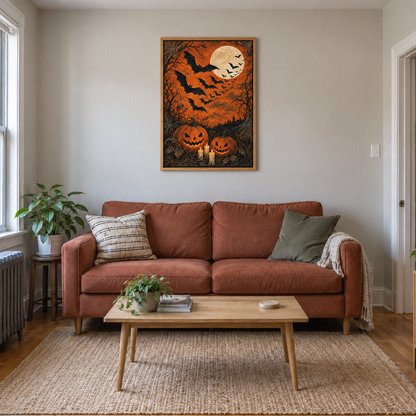 Bats and Orange Moon Halloween — Brown Frame room scene | AUSJOJO