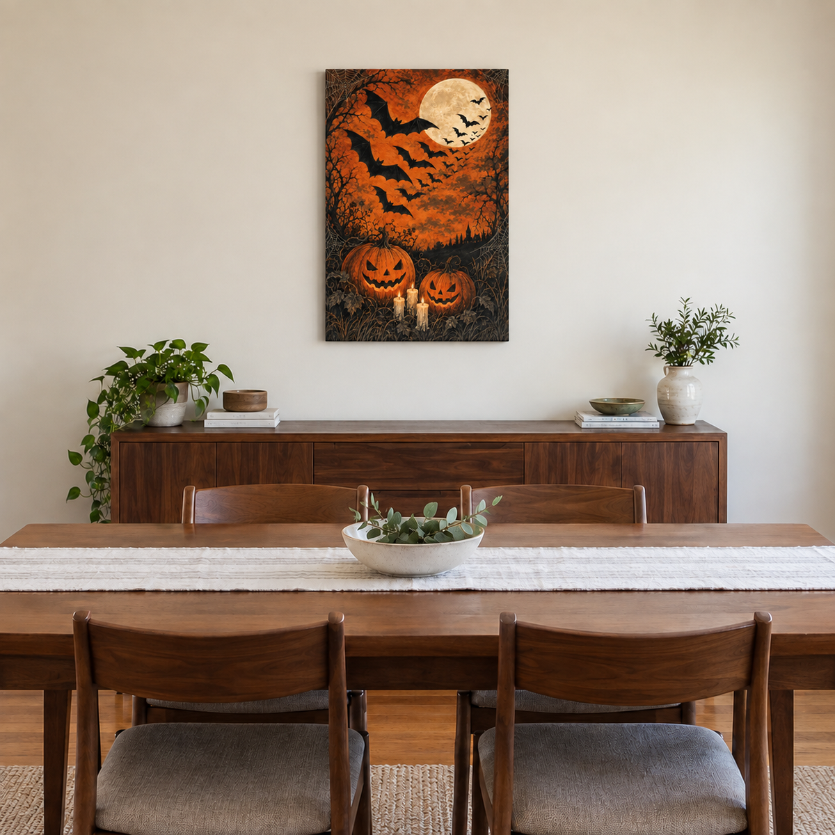 Bats and Orange Moon Halloween — Stretched Canvas room scene | AUSJOJO