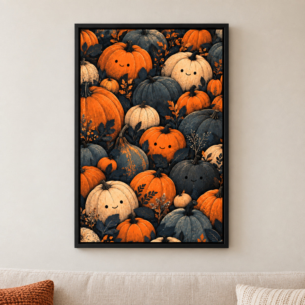 Friendly Pumpkin Crowd Halloween — black framed wall scene | AUSJOJO