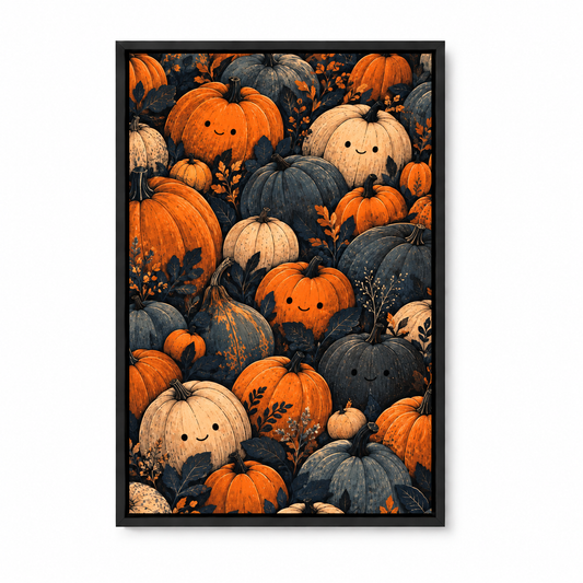 Friendly Pumpkin Crowd Halloween — Black Frame finish product view | AUSJOJO
