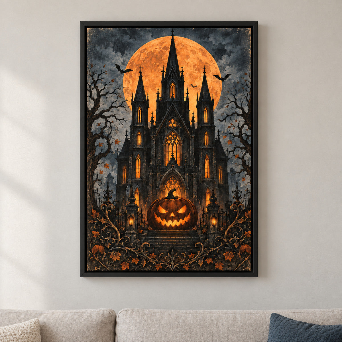 Gothic Haunted House and Pumpkin Halloween — black framed wall scene | AUSJOJO