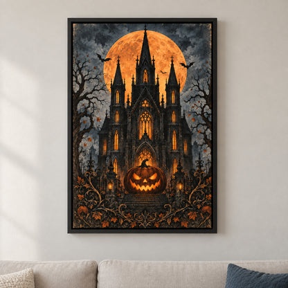 Gothic Haunted House and Pumpkin Halloween — black framed wall scene | AUSJOJO