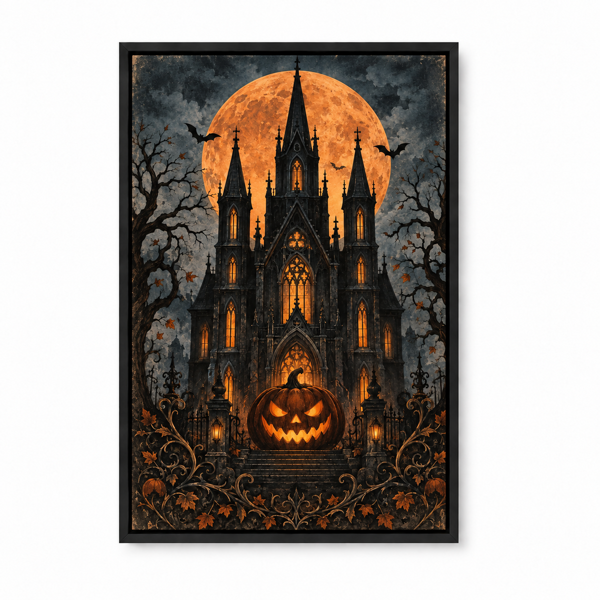 Gothic Haunted House and Pumpkin Halloween — Black Frame finish product view | AUSJOJO