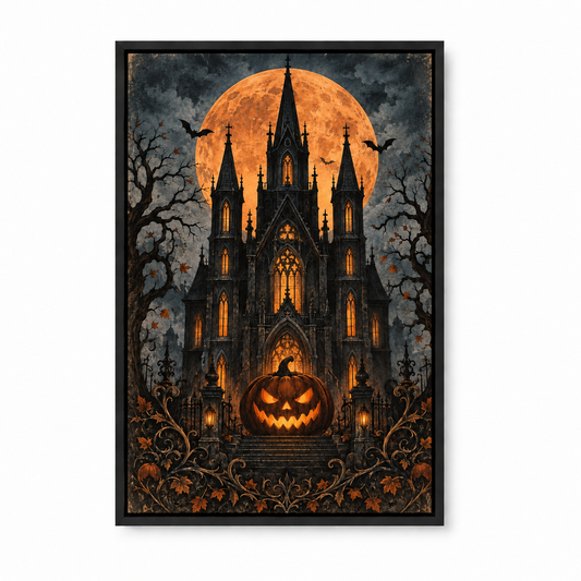 Gothic Haunted House and Pumpkin Halloween — Black Frame finish product view | AUSJOJO