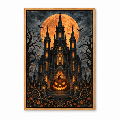 Gothic Haunted House and Pumpkin Halloween — Brown Frame finish product view | AUSJOJO
