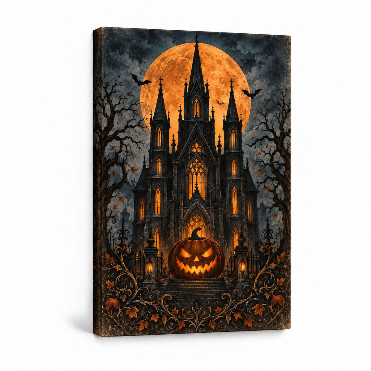 Gothic Haunted House and Pumpkin Halloween — Stretched Canvas product view | AUSJOJO