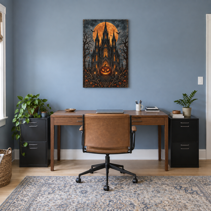 Gothic Haunted House and Pumpkin Halloween — Stretched Canvas room scene | AUSJOJO