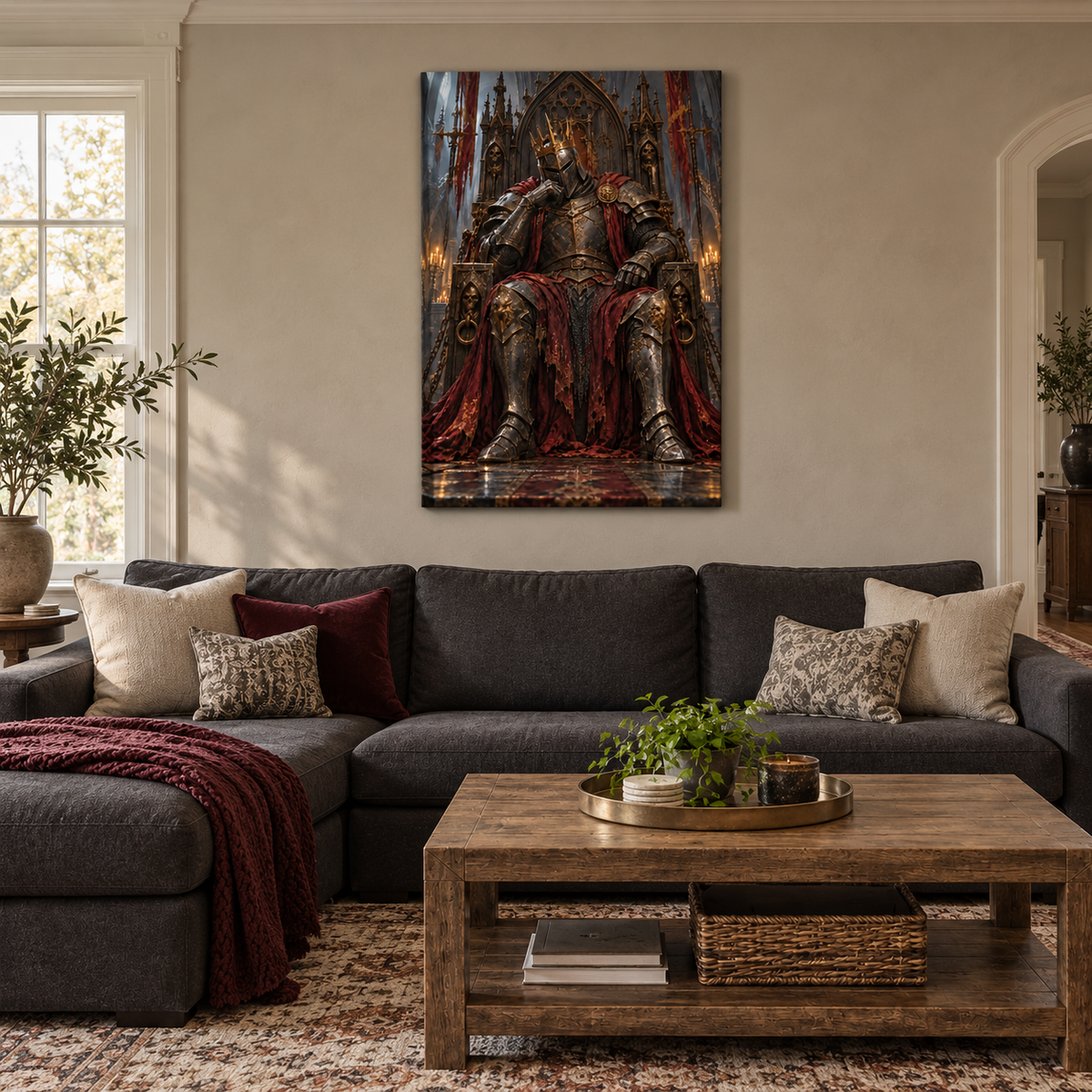 Crowned Knight on Gothic Throne — Stretched Canvas room scene | AUSJOJO