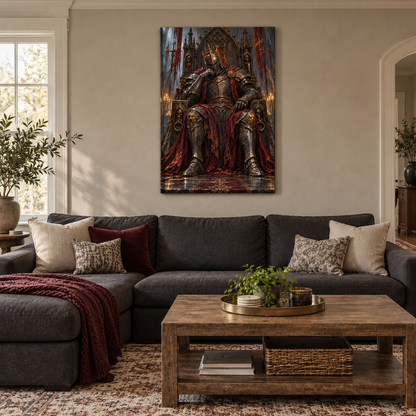 Crowned Knight on Gothic Throne — Stretched Canvas room scene | AUSJOJO