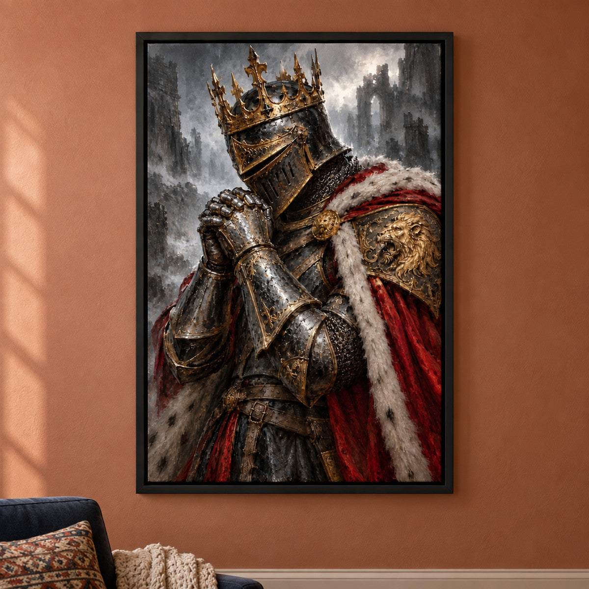 Praying Fallen King Knight — Black Frame wall scene | AUSJOJO