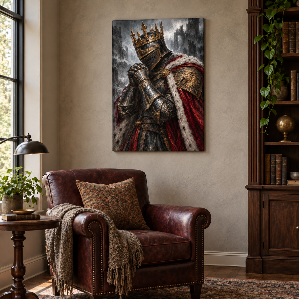 Praying Fallen King Knight — Stretched Canvas room scene | AUSJOJO