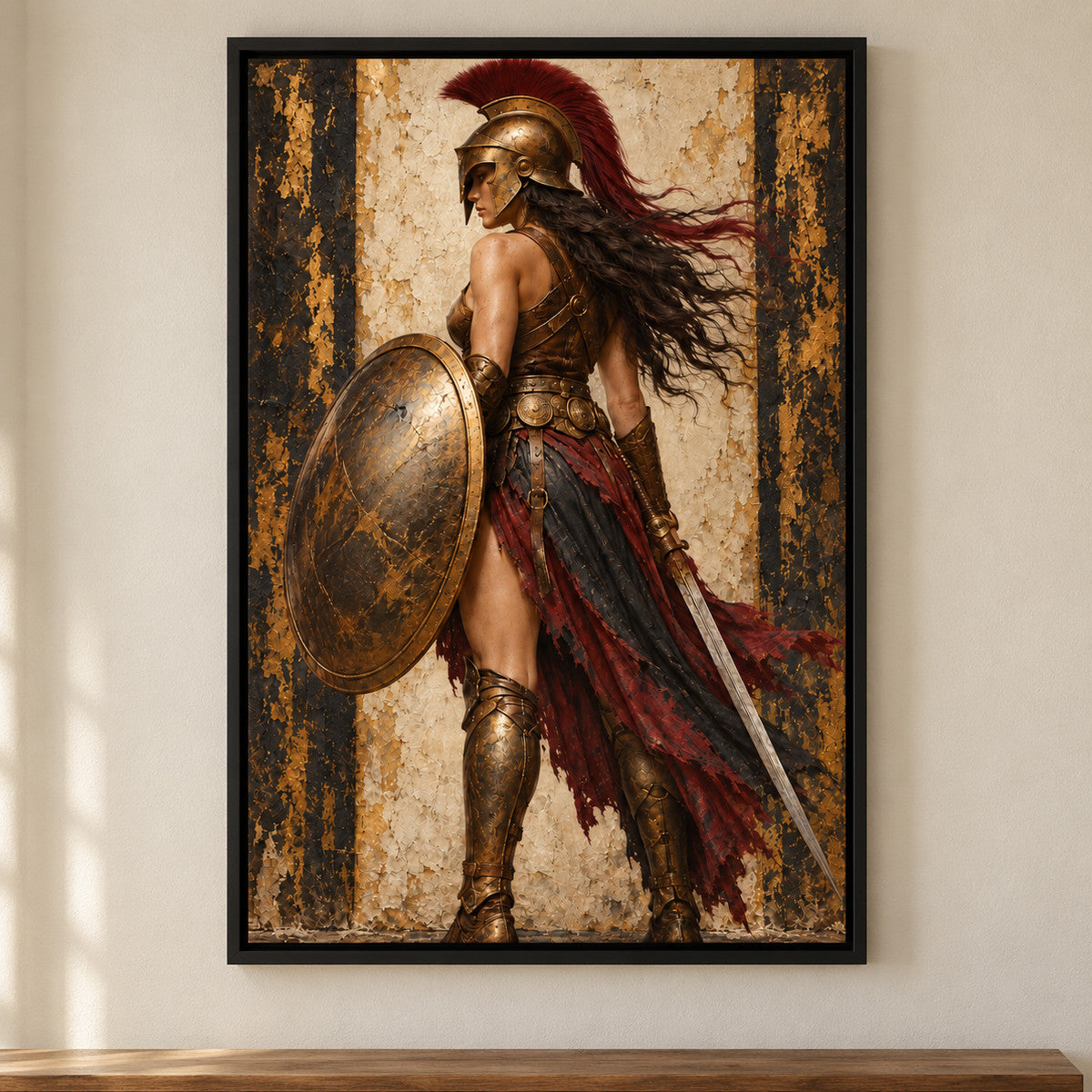 Classical Shield Warrior Woman — Black Frame wall scene | AUSJOJO