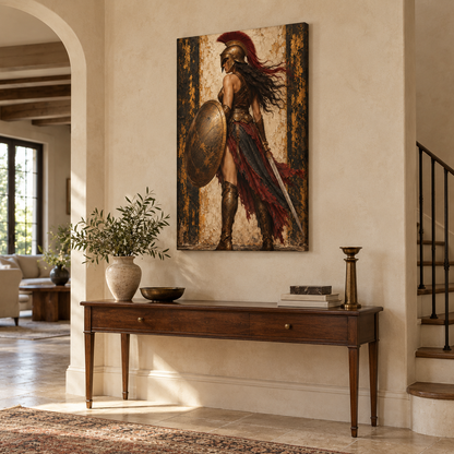 Classical Shield Warrior Woman — Stretched Canvas room scene | AUSJOJO