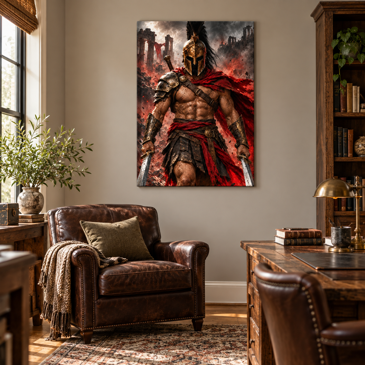 Advancing Bronze Helmet Warrior — Stretched Canvas room scene | AUSJOJO