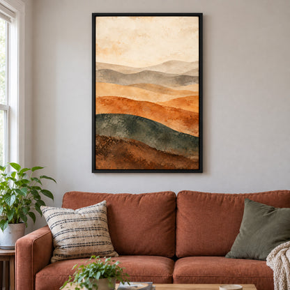Neutral Desert Wave Bands Abstract — Black Frame wall scene | AUSJOJO