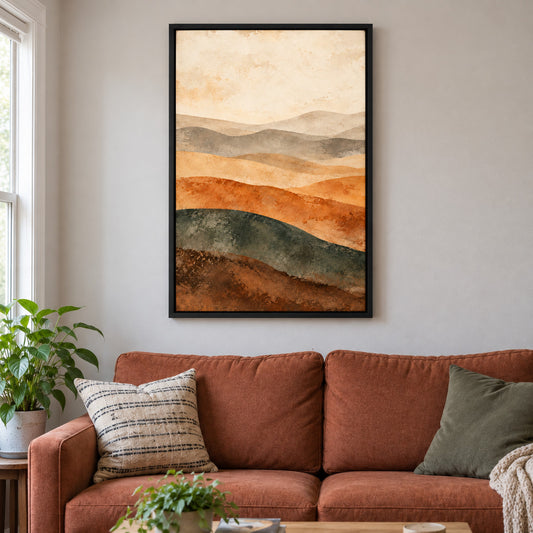 Neutral Desert Wave Bands Abstract — Black Frame wall scene | AUSJOJO