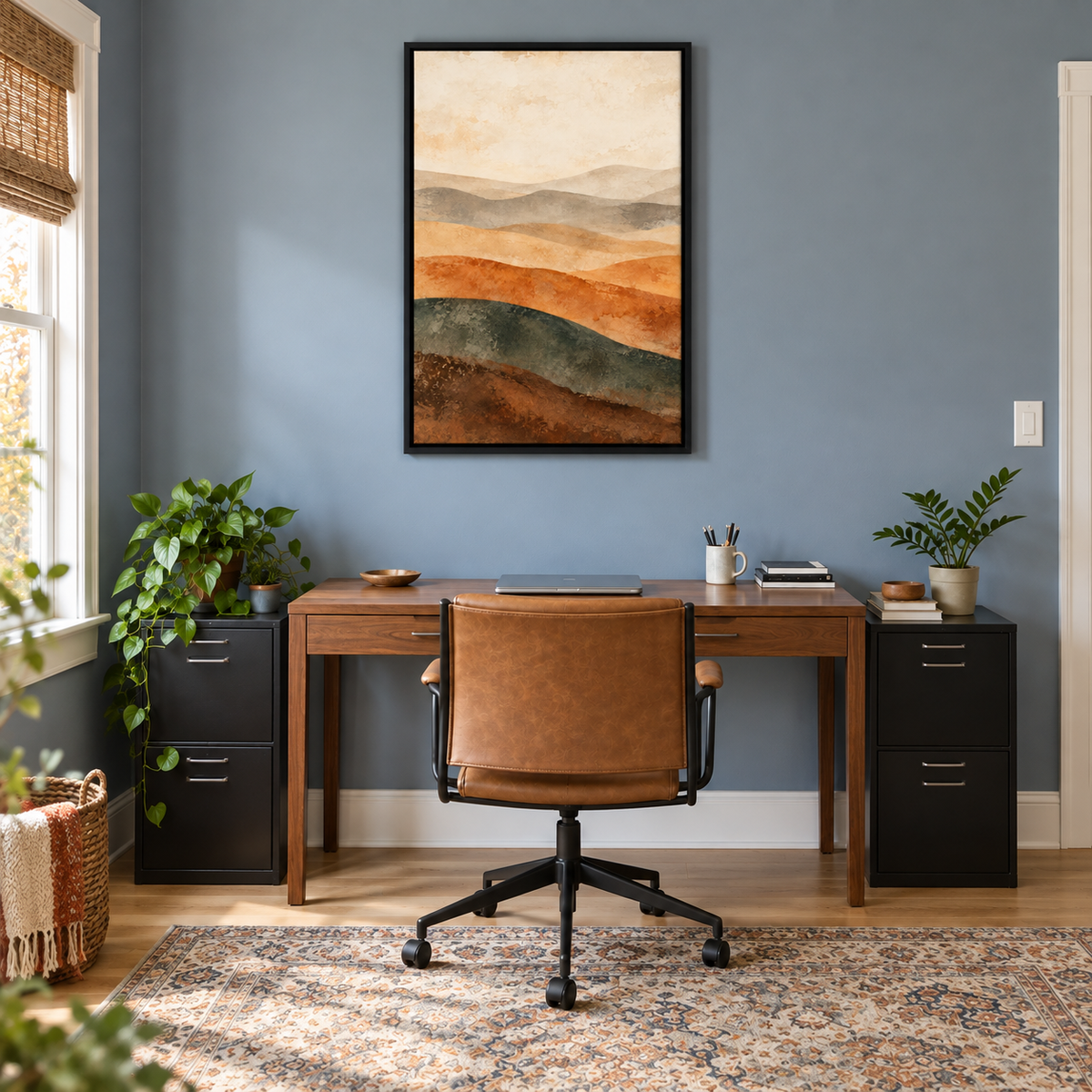 Neutral Desert Wave Bands Abstract — Black Frame room scene | AUSJOJO