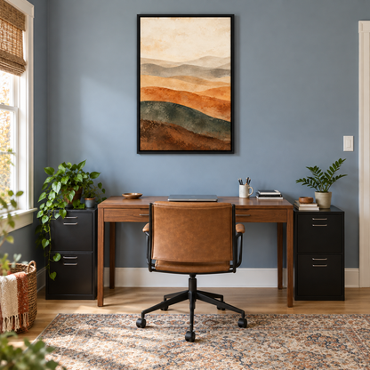 Neutral Desert Wave Bands Abstract — Black Frame room scene | AUSJOJO