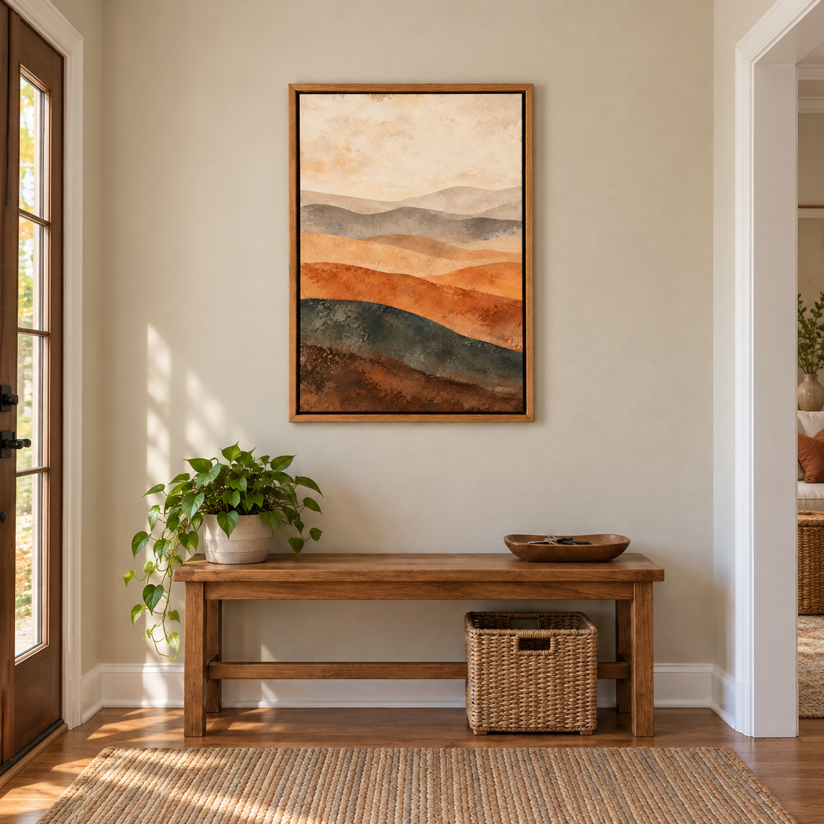 Neutral Desert Wave Bands Abstract — Brown Frame room scene | AUSJOJO