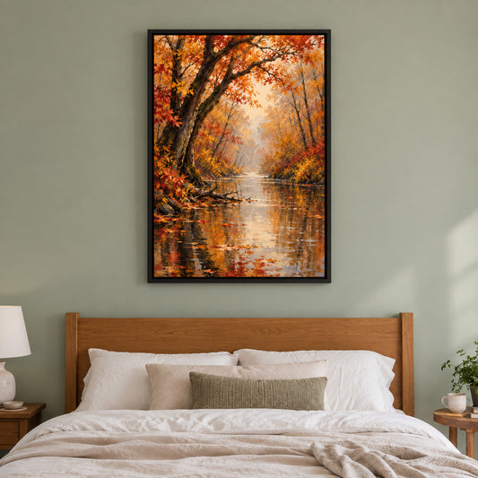 Golden Autumn Forest Waterway — Black Frame wall scene | AUSJOJO