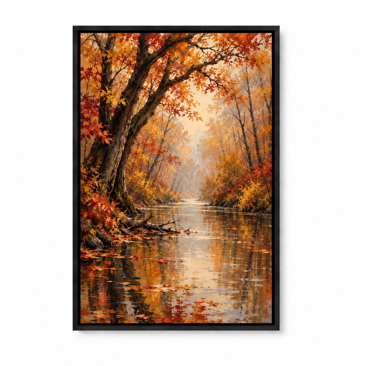 Golden Autumn Forest Waterway — Black Frame finish product view | AUSJOJO