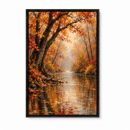 Golden Autumn Forest Waterway — Black Frame finish product view | AUSJOJO
