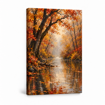 Golden Autumn Forest Waterway — Stretched Canvas product view | AUSJOJO