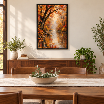 Golden Autumn Forest Waterway — Black Frame room scene | AUSJOJO