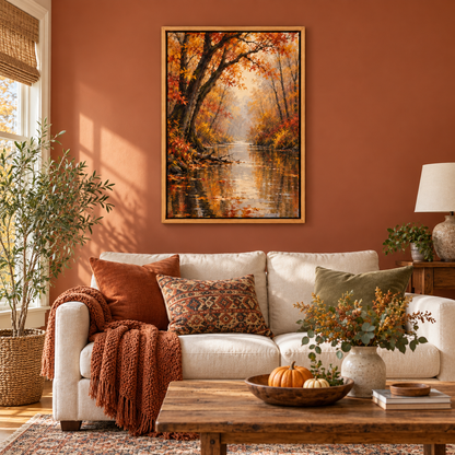Golden Autumn Forest Waterway — Brown Frame room scene | AUSJOJO