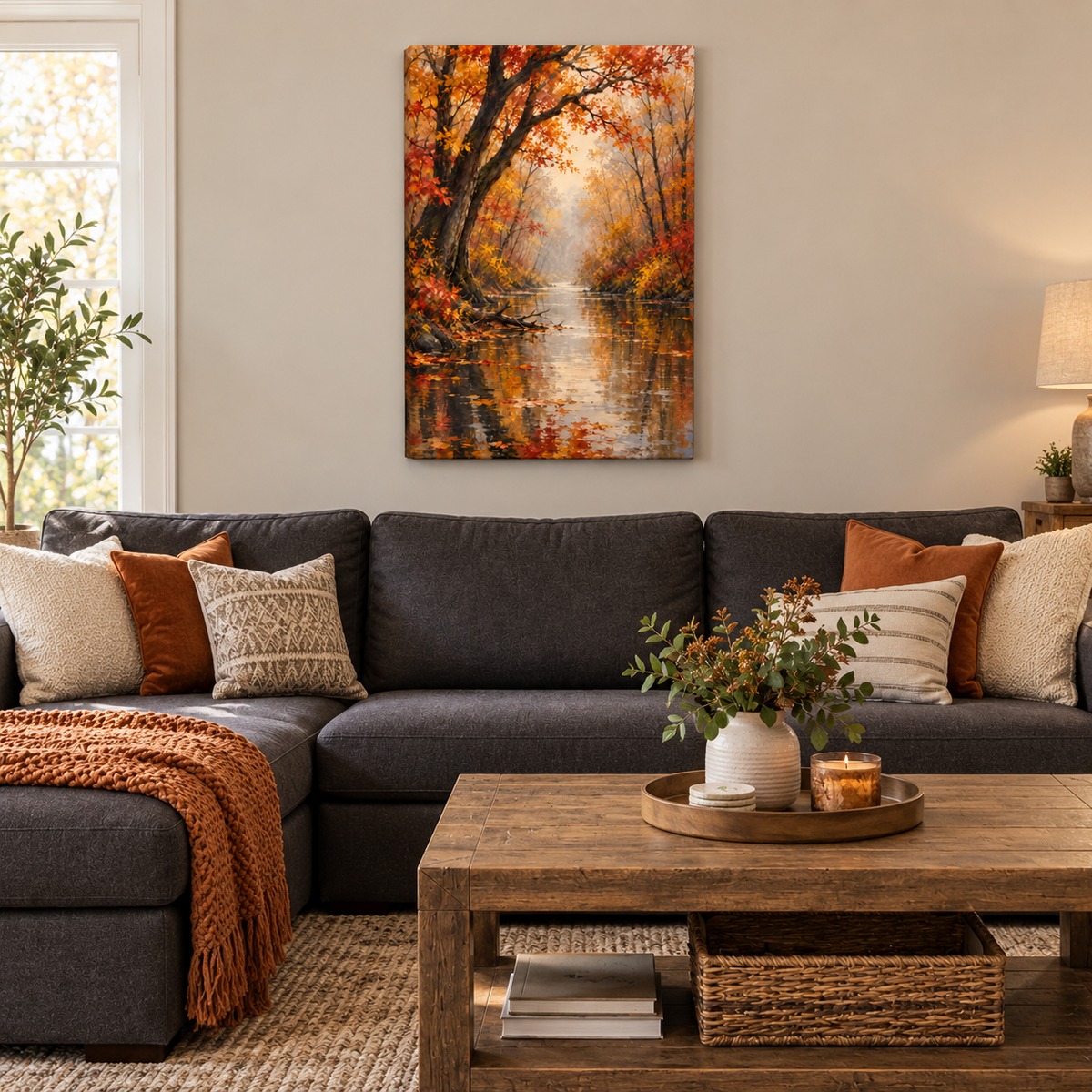 Golden Autumn Forest Waterway — Stretched Canvas room scene | AUSJOJO