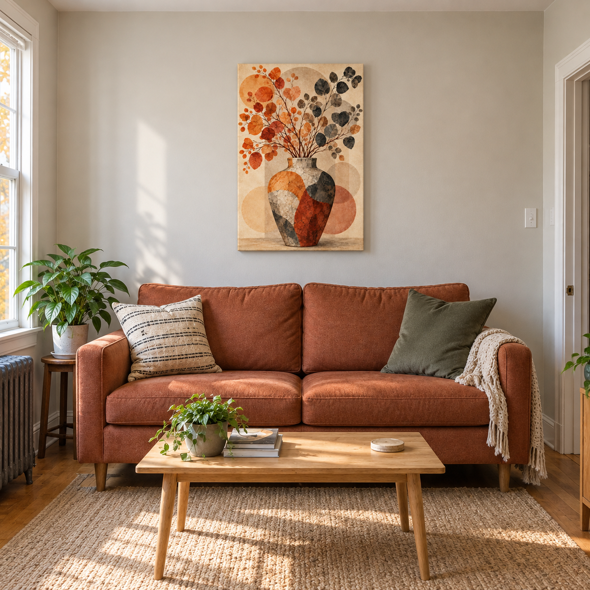 Autumn Branches Ceramic Vase Boho — Stretched Canvas room scene | AUSJOJO